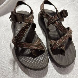 Chaco Dark Brown and Red Patterned Sandals